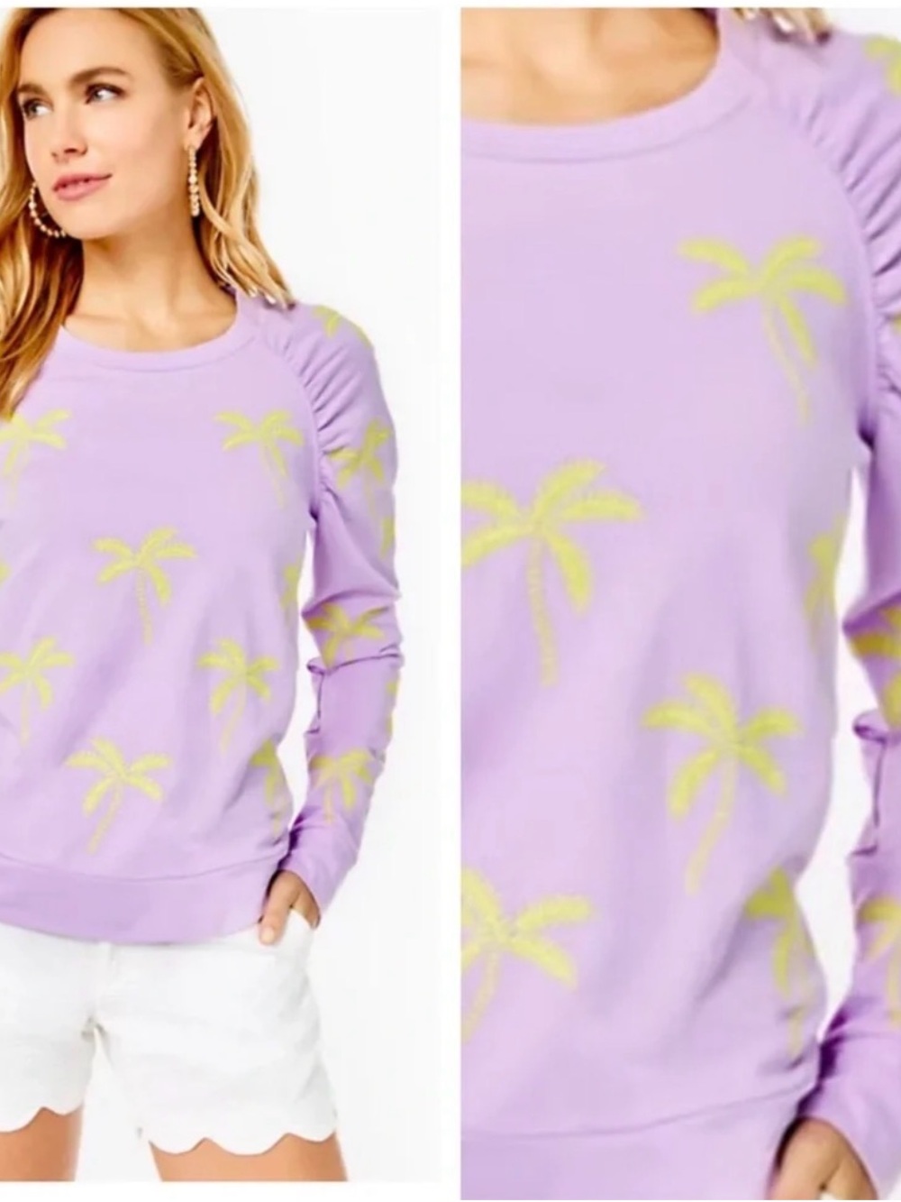Lilly Pulitzer Lavender Sweatshirt Embroidered Yellow Skinny Palm Print Sz XS